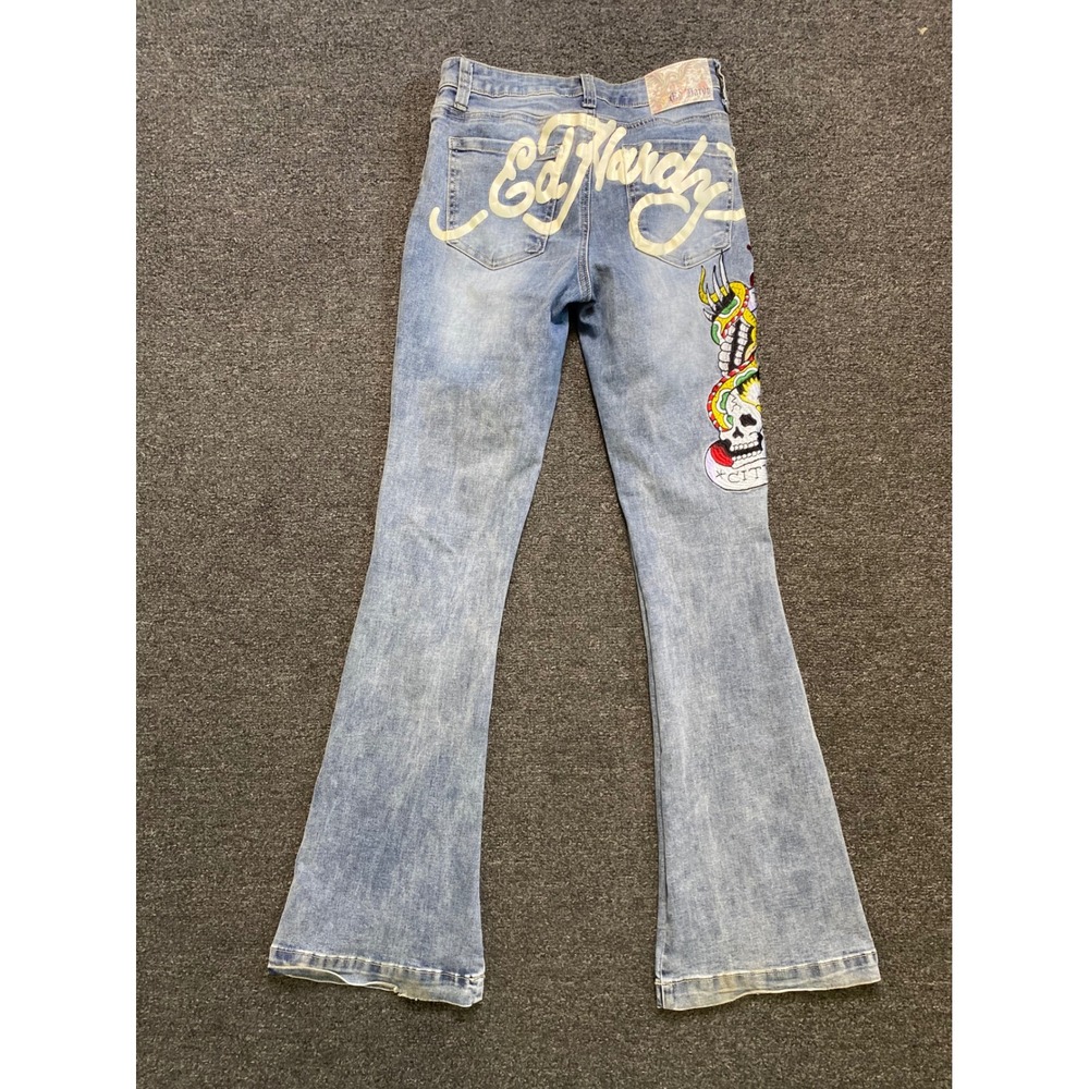 Ed Hardy Flare Blue Jeans Womens 26x32 Tattoo Graphic Embroidered Skull Grunge